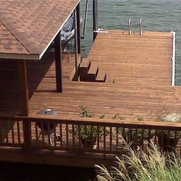 Dock stained in a warm natural cedar finish
